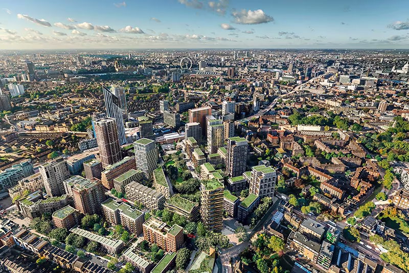 An aerial shot of Elephant Park at Elephant & Castle, London