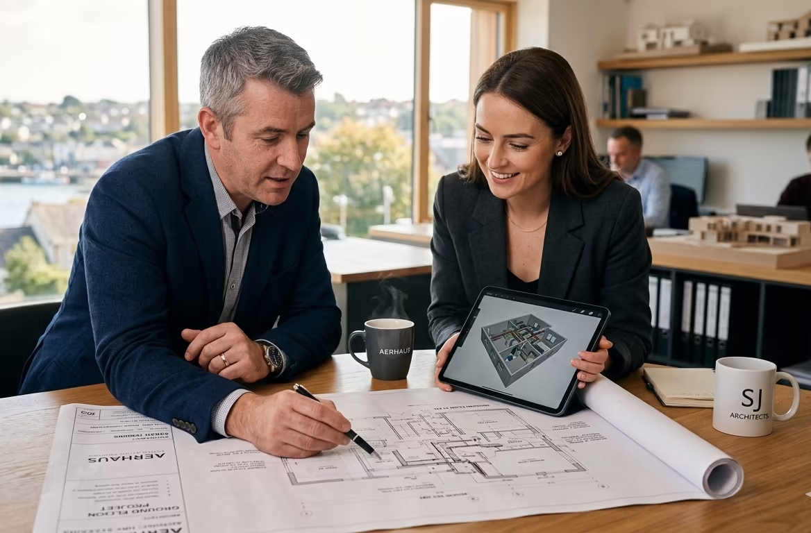 An AerHaus ventilation specialist and an architect reviewing a residential project together in an architect's studio, with a harbour town visible through the window behind them. AerHaus ground floor project drawings are spread across the desk, while the AerHaus specialist holds a tablet showing a 3D model of a mechanical ventilation system layout. An SJ Architects branded mug sits on the desk alongside an AerHaus mug