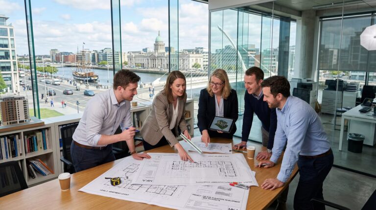 Five colleagues stand around a conference table reviewing architectural blueprints, with one holding a tablet showing a 3D building model. Floor-to-ceiling windows behind them overlook a river, a neoclassical civic building, and a cable-stayed bridge