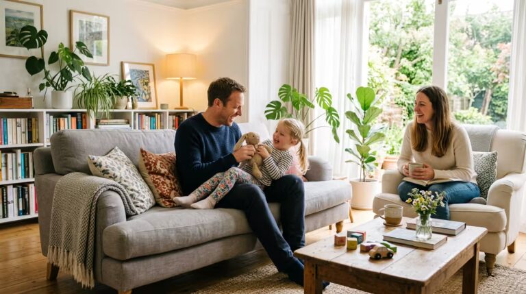 Two adults and a young child relax in a bright living room. One adult sits on a sofa playing with the child and a soft toy, while the other sits in an armchair with a book and a mug. A wooden coffee table, houseplants, bookshelves, and large windows overlooking a garden are visible in the background