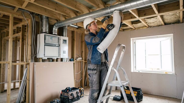A tradesperson wearing a hard hat and safety glasses stands on a stepladder in an unfinished building interior, connecting flexible ducting to a rigid ventilation pipe running along the ceiling. A heat recovery ventilation unit is mounted on the timber-framed wall behind them, with tool bags and power tools on the floor below