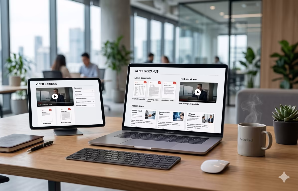 A laptop and tablet on a desk displaying the AerHaus online resources hub, showing sections for latest documents, featured videos, and recent news. The tablet shows a video and guides section. An AerHaus branded mug sits alongside the devices, with a busy open-plan office visible in the background